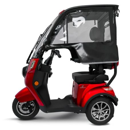 NEU IM PROGRAMM Roter Elektroroller mit Überdachung für zusätzlichen Wetterschutz.